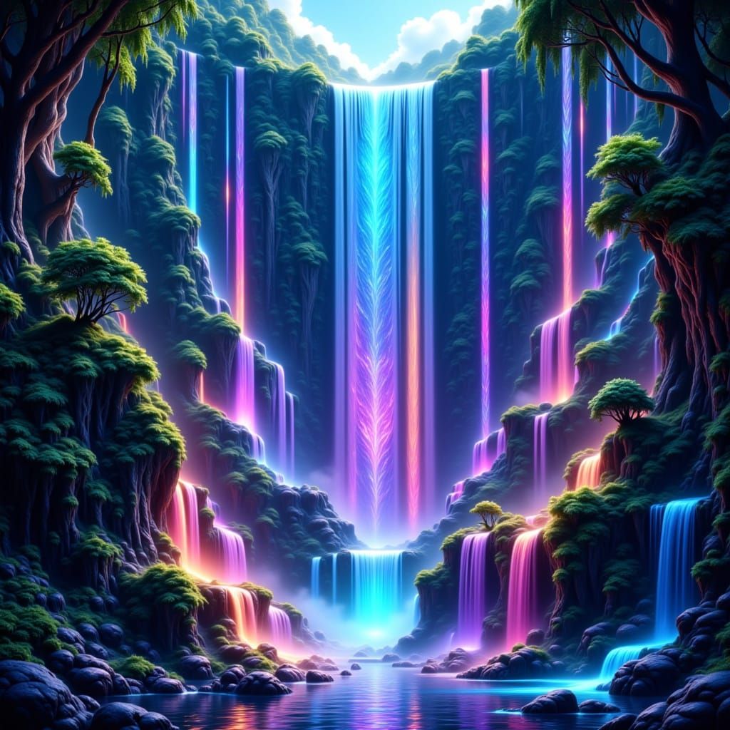 Vibrant Hyperrealistic Waterfall in Kaleidoscope of Colors