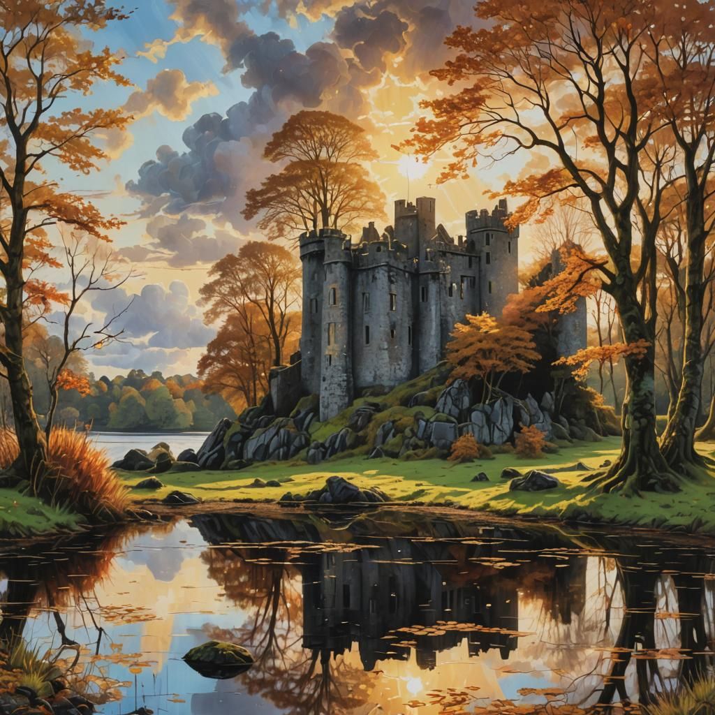 Irish Castle Ruin at Golden Hour, Graffiti Art