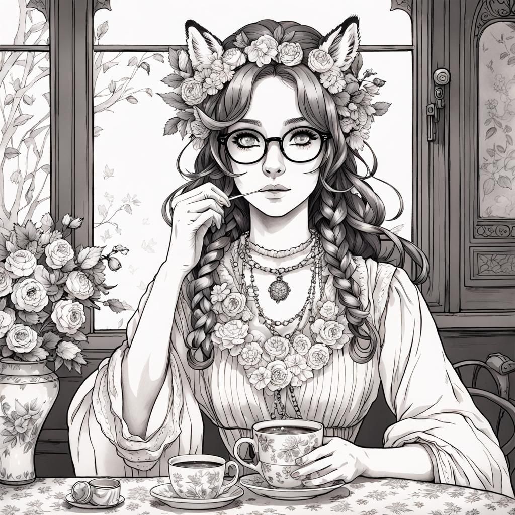 Anime Housewife with Fox Ears in Black and White