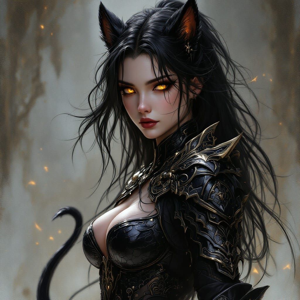 Majestic Demi-human Girl in Dark Fantasy Armor