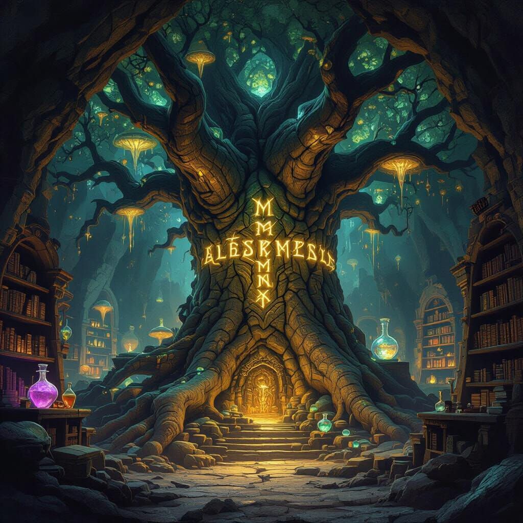 Ancient Tree With Glowing Runes And Arcane Chambers