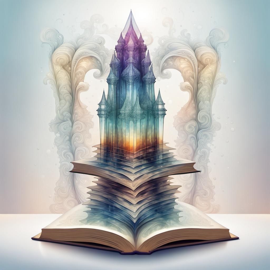 Crystal Tower Rising from Ancient Book in Art Nouveau Style