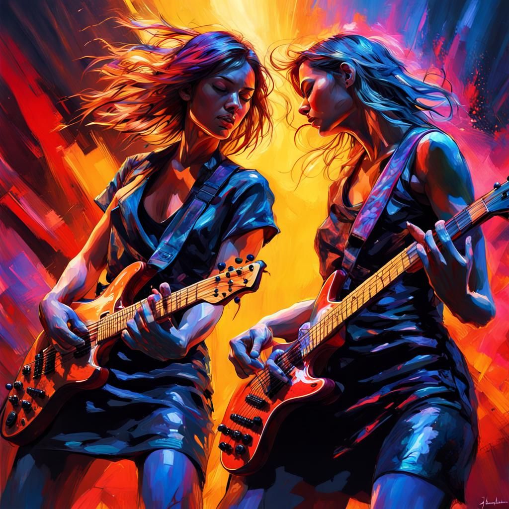 Energetic Female Guitarists in Explosive Rock Performance