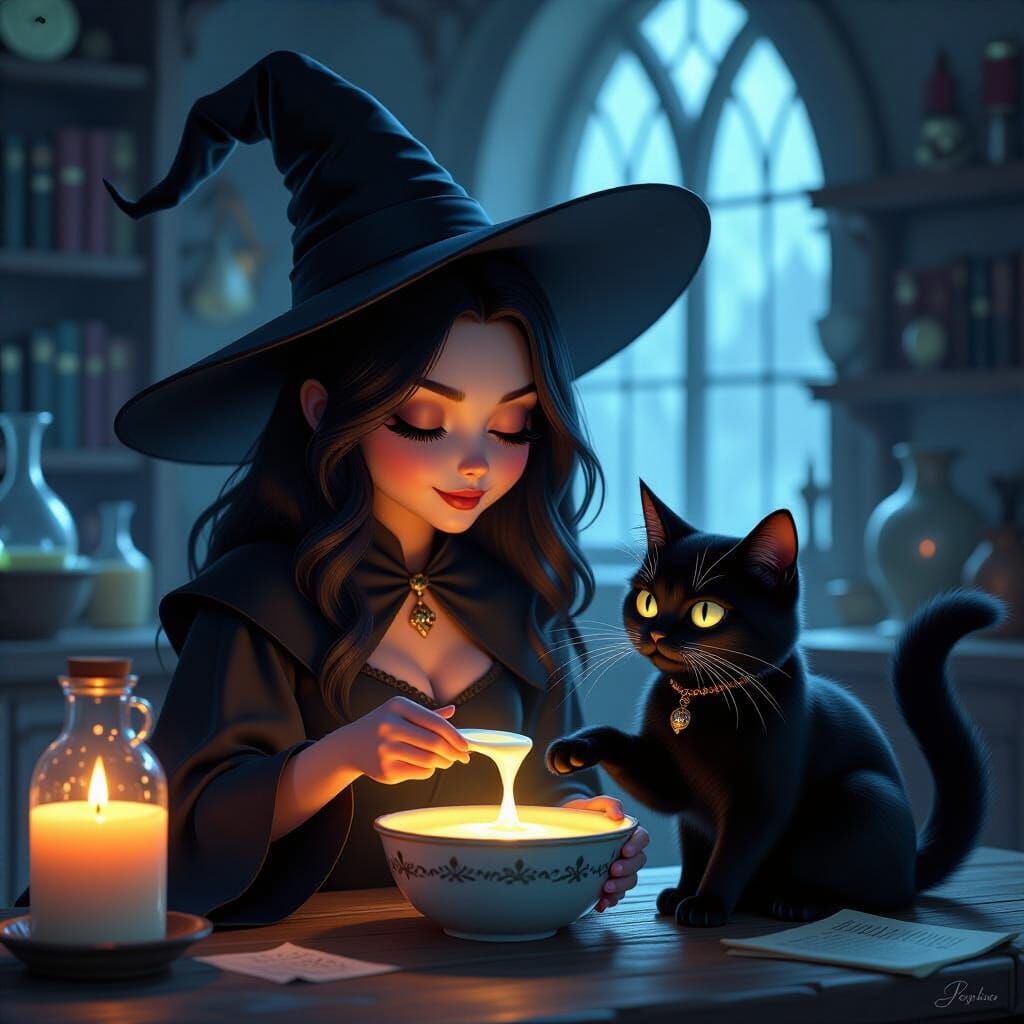 Witch Offers Milk to Distrustful Cat in Alchemy Lab