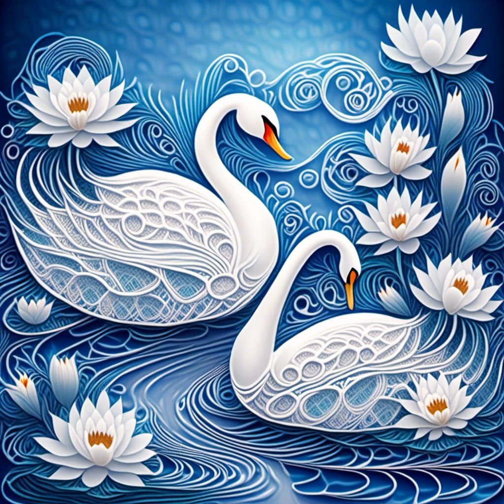 Lace Swans Floating on a Lace Pond