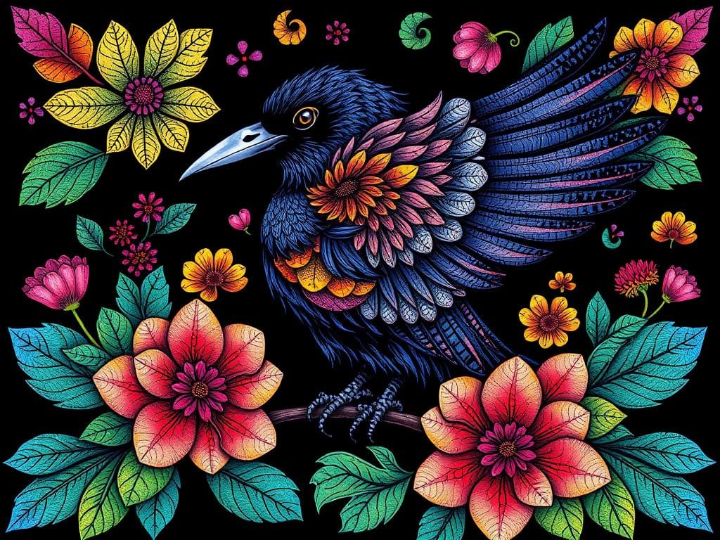 Fractals in a Raven's Floral Sanctuary