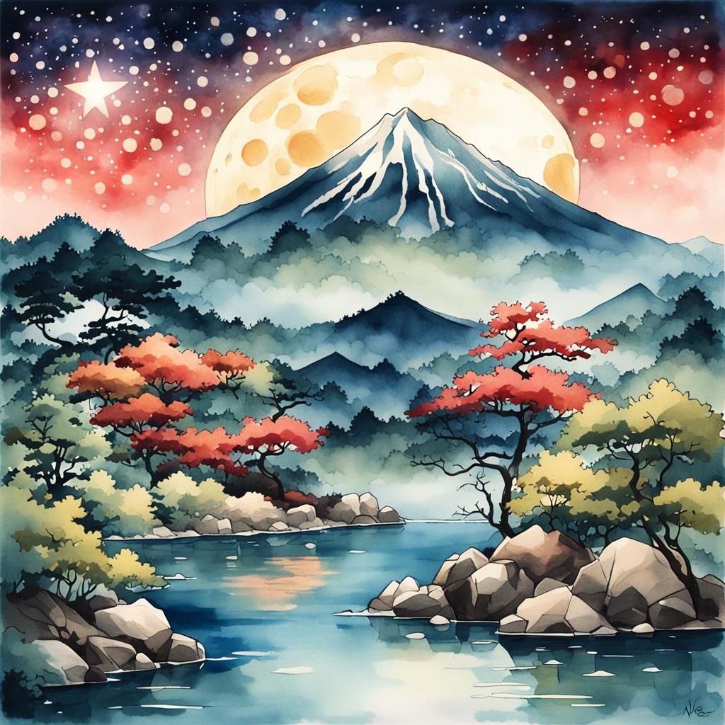 Vintage Watercolor Japanese Landscape Under Moonlight