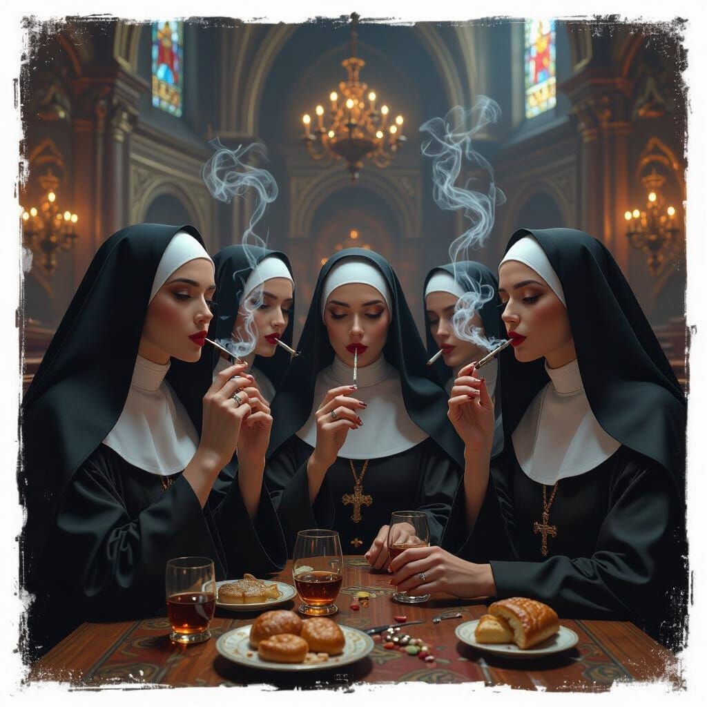 Nuns in Church: Hyperrealistic Smoking and Drinking Scene