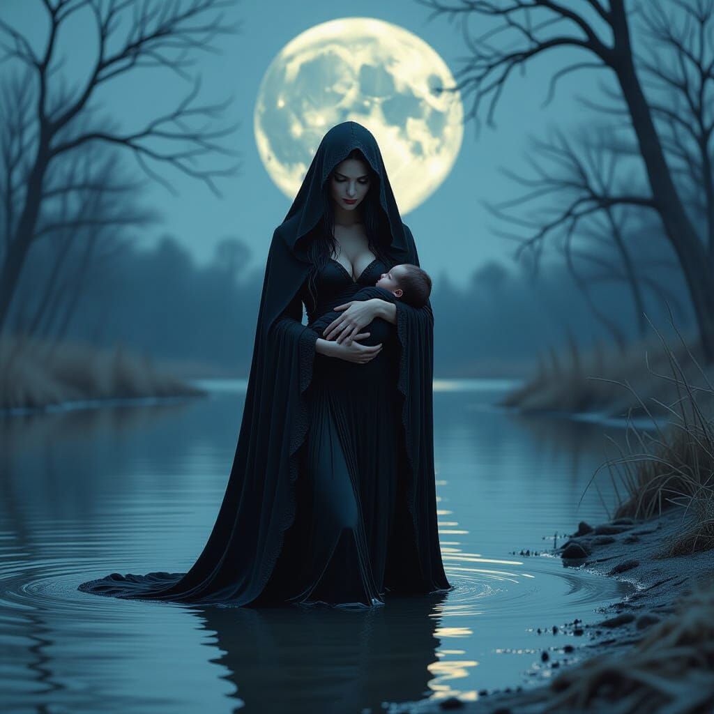 Woman Emerges from Lake with Baby: Digital Matte Painting