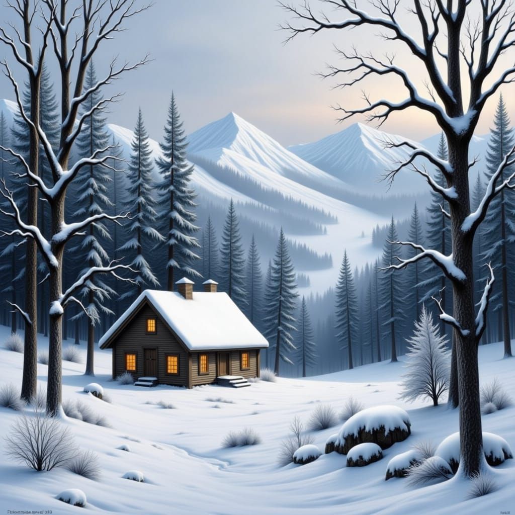 Cozy Cabin in Snow-Covered Mountains