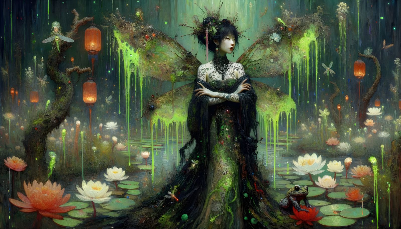 Elegant Swamp Fairy in a Surreal Garden, as Impasto Gouache