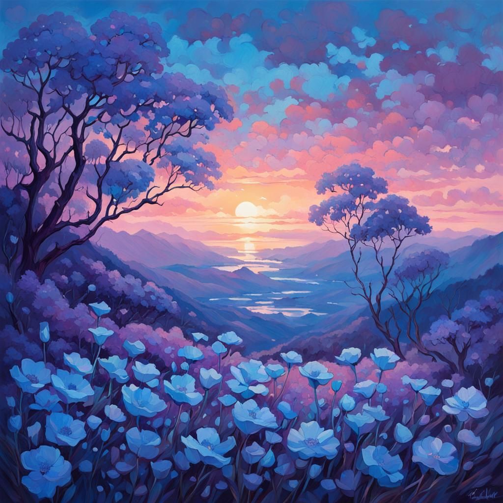 Translucent Blue Flowers in Purple Light, Digital Art