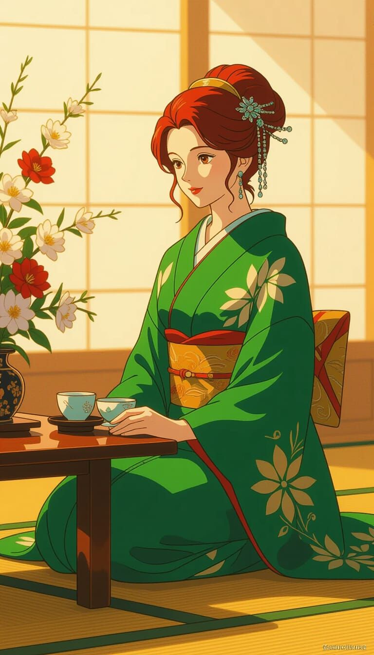 Japanese Woman in Kimono with Red Hair, Cinematic Style