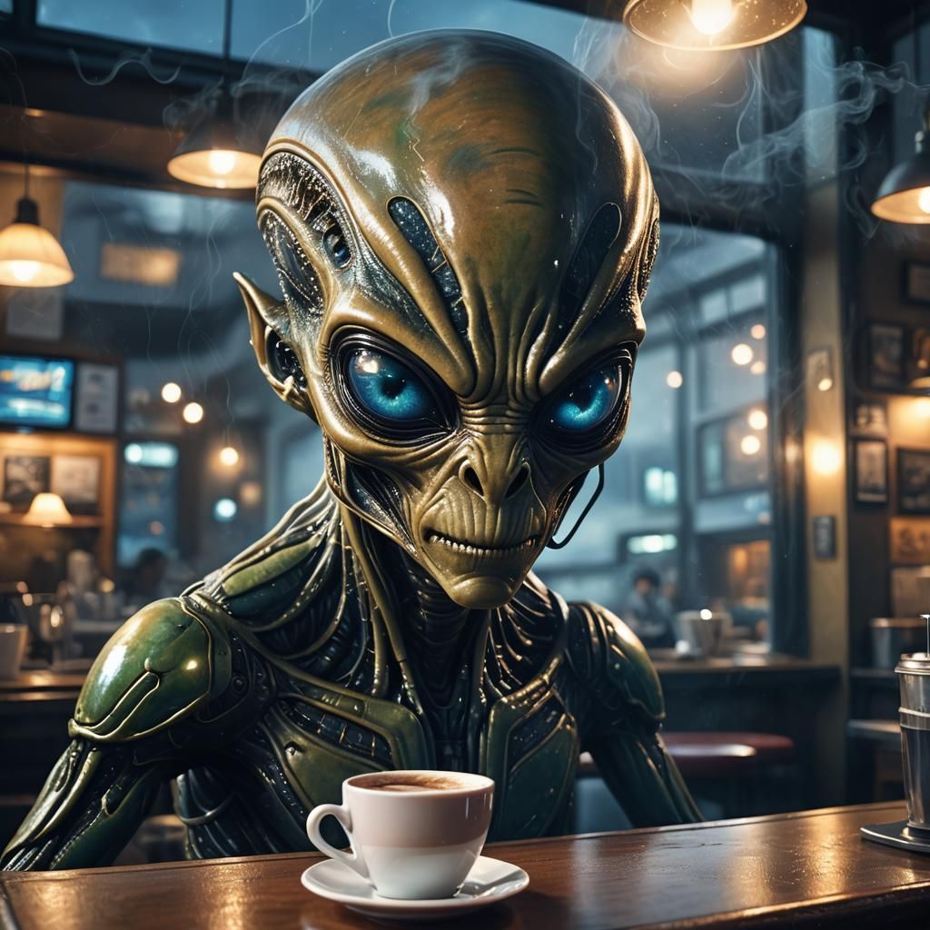 Alien Peeking Into Cozy Coffee Shop at Night