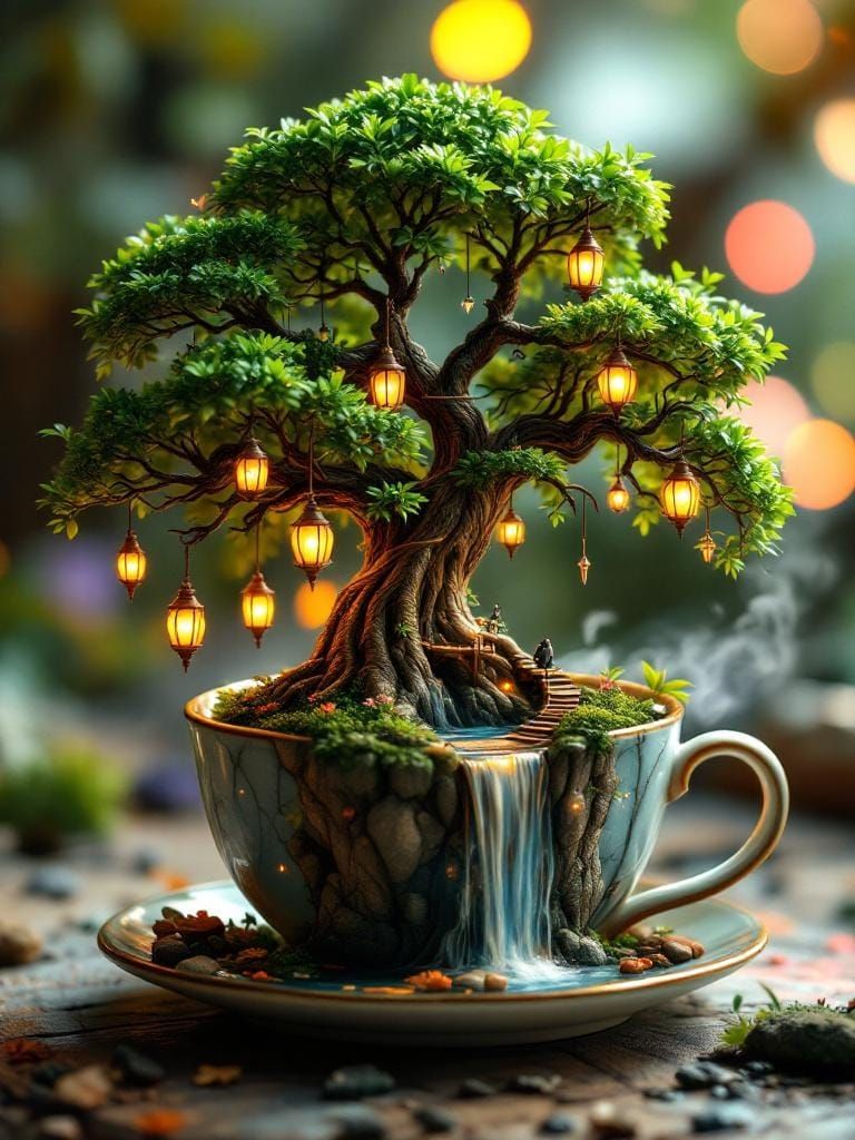 Elfic Bonsai Treehouse in Teacup, Gothic Fantasy