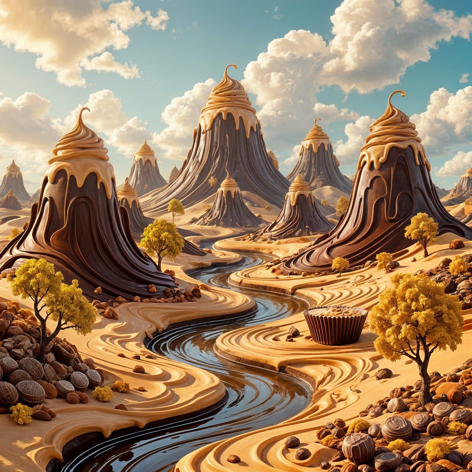 Whimsical Peanut Butter Cup Landscape with Chocolate Rivers