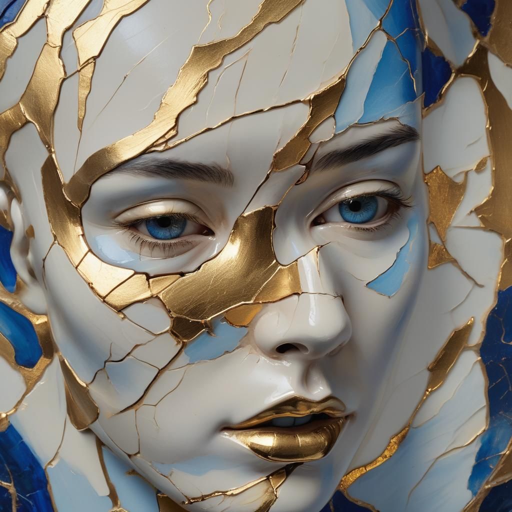Ceramic Face with Gold Kintsugi in Impressionistic Style