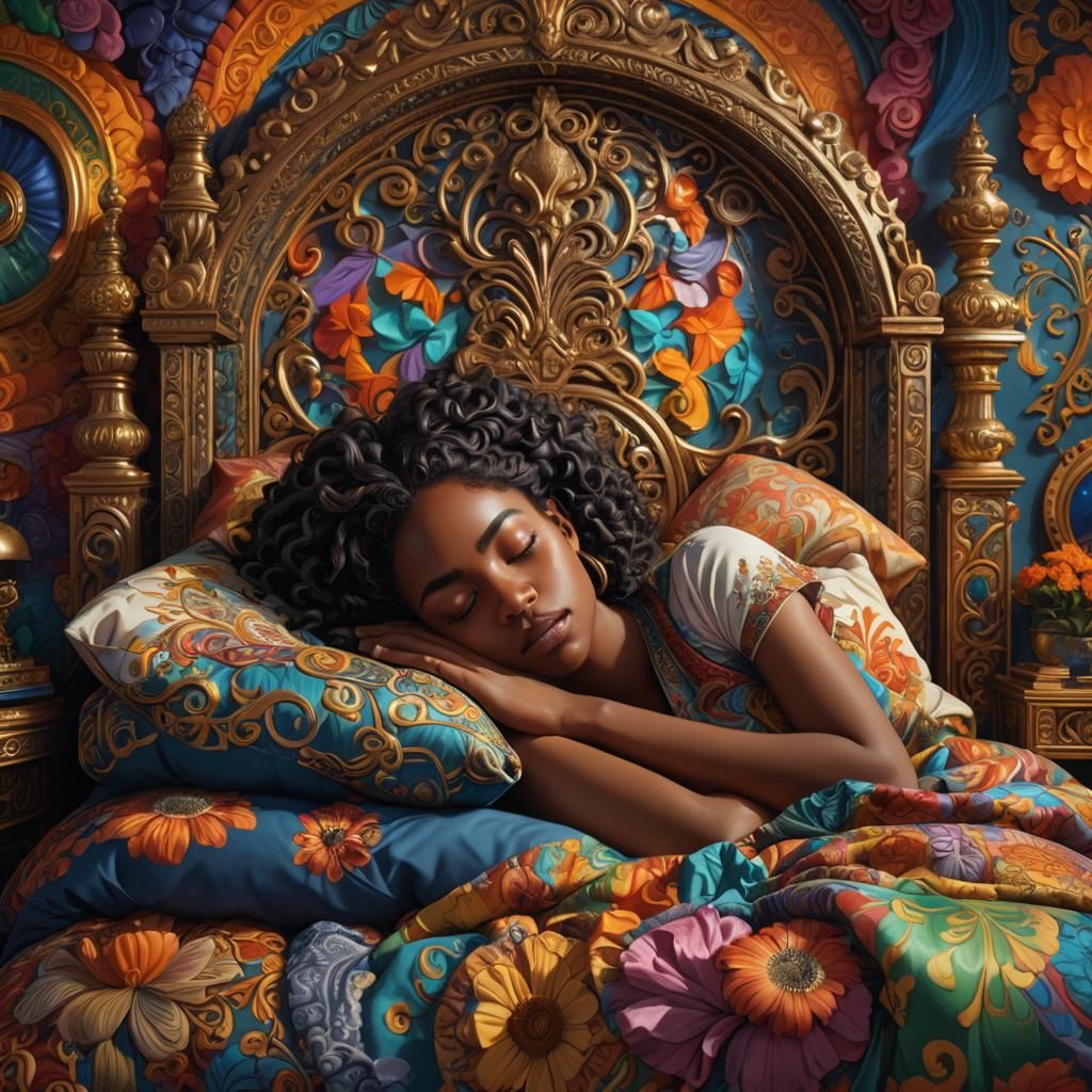 Sleeping Black Girl in Ornate Multicolored Bedroom