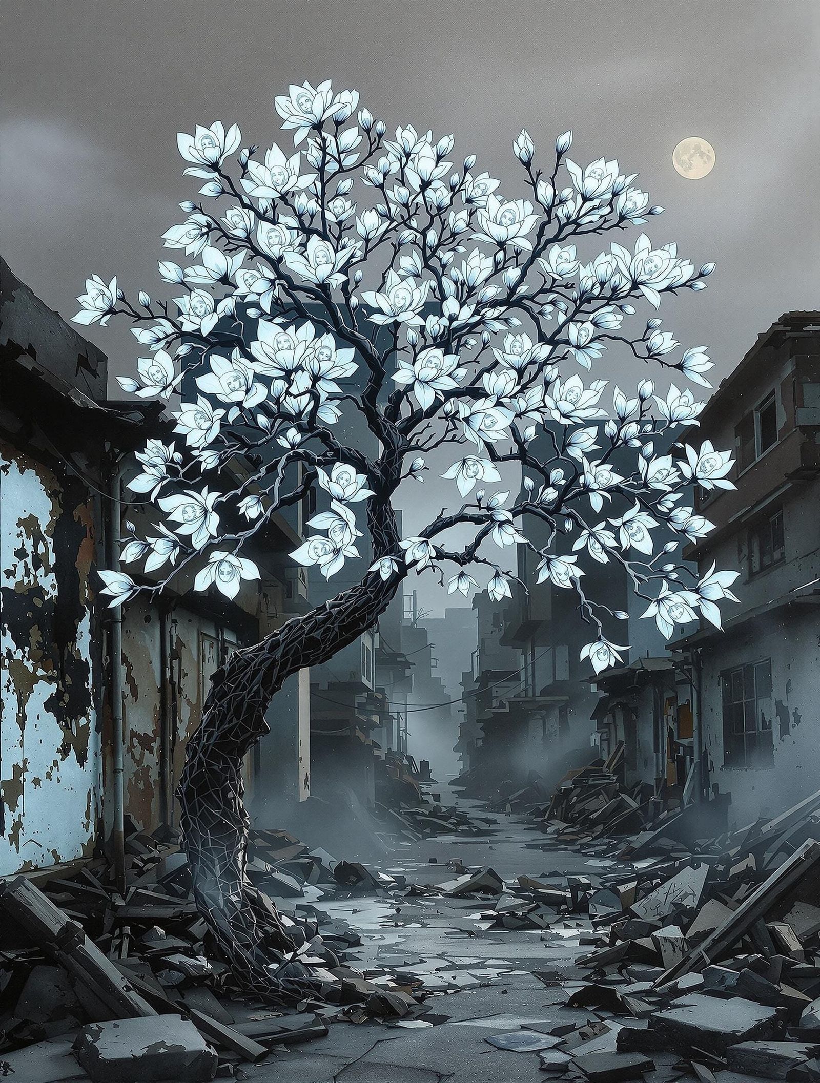 Ethereal Magnolia Blooms Amidst Urban Decay in Silverpoint