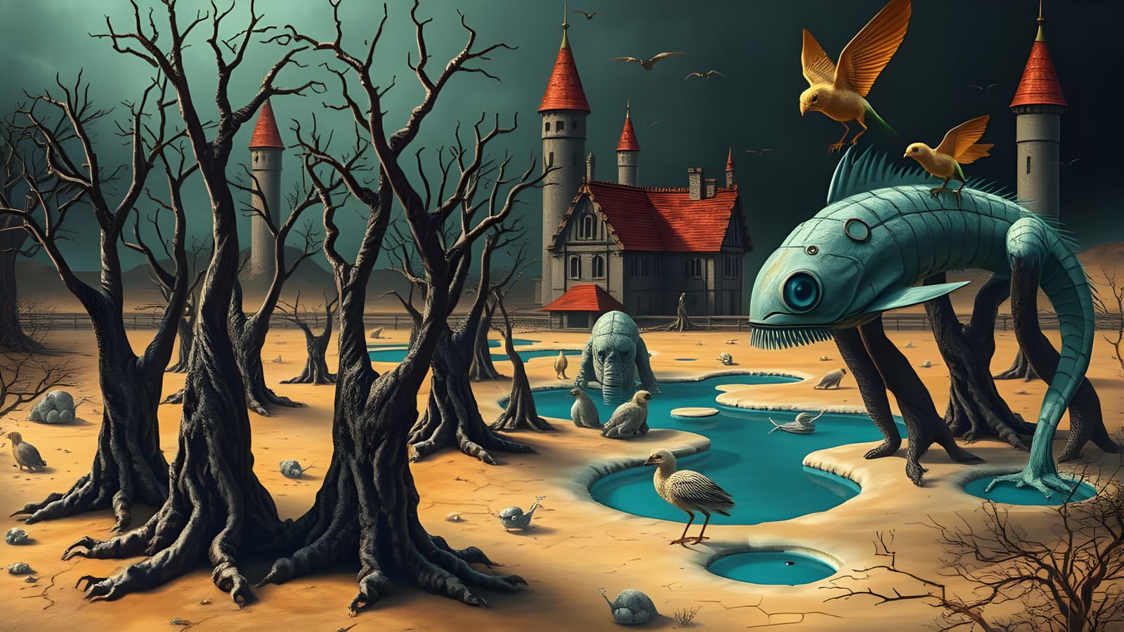 Surreal Dreamlike Landscape with Twisted Trees and Towers