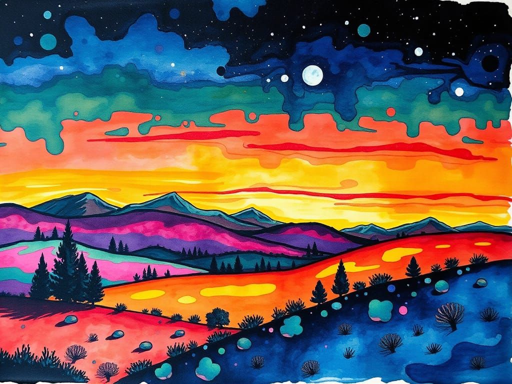 Vibrant Absurd Landscape in Alcohol Ink Style