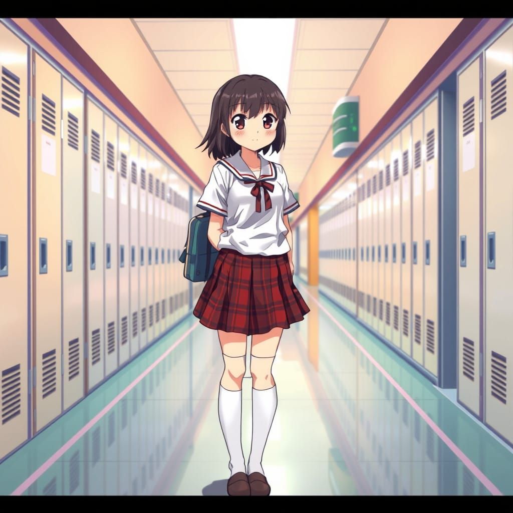 Anime Schoolgirl in Vibrant Japanese Hallway