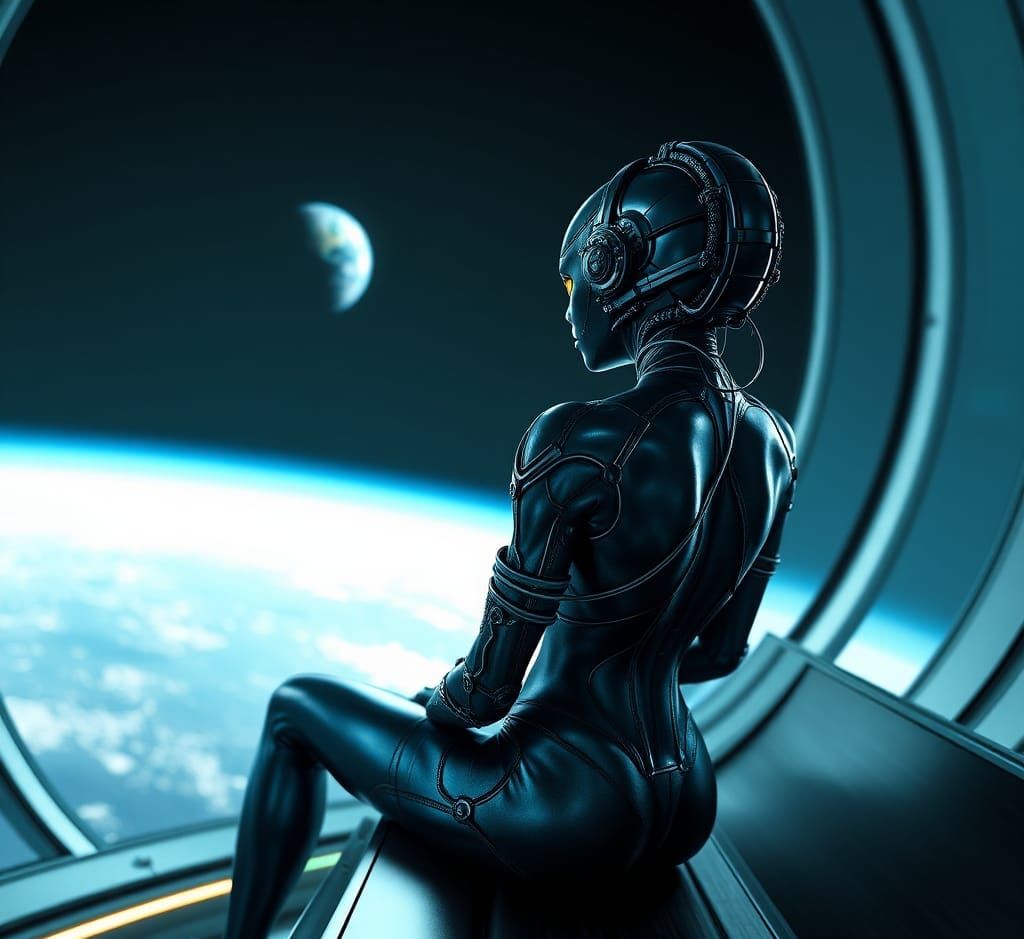 Alien Woman Gazing at Earth in Cyberpunk Style