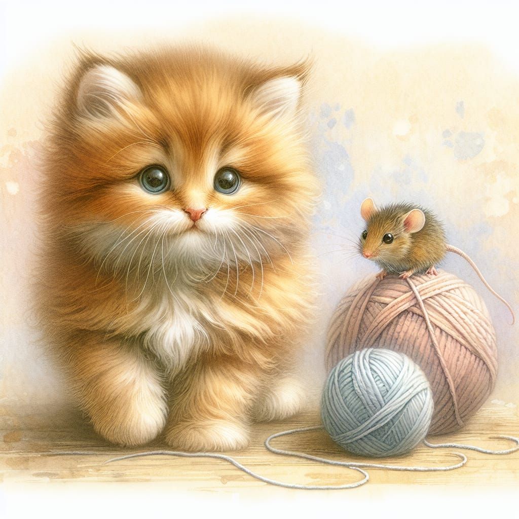 Kitten and Mouse Playdate in Impressionist Watercolor