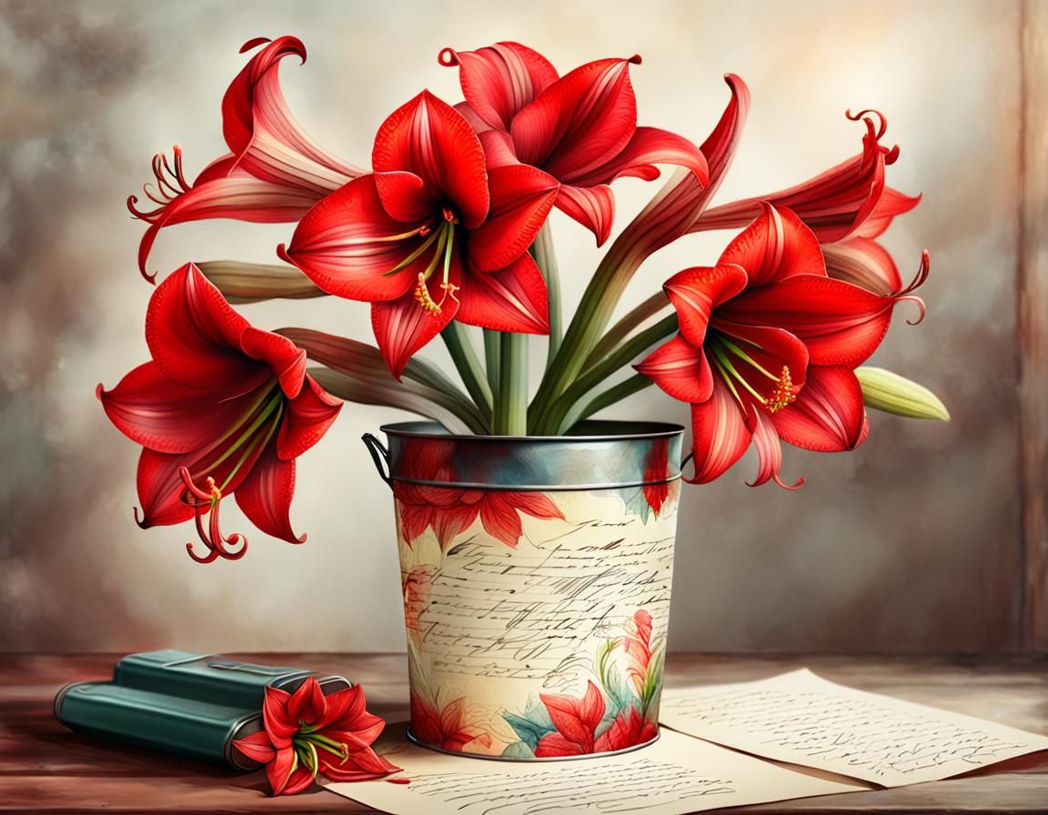 Amaryllis Flower Illustration in Mixed Media Art