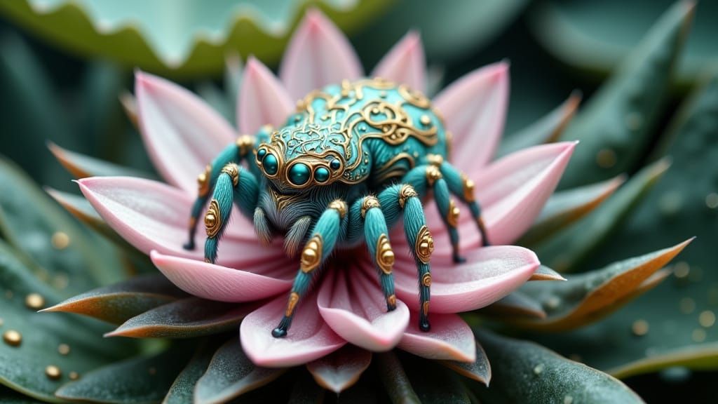 Ornate Jumping Spider on Lotus Flower in Japanese Pond