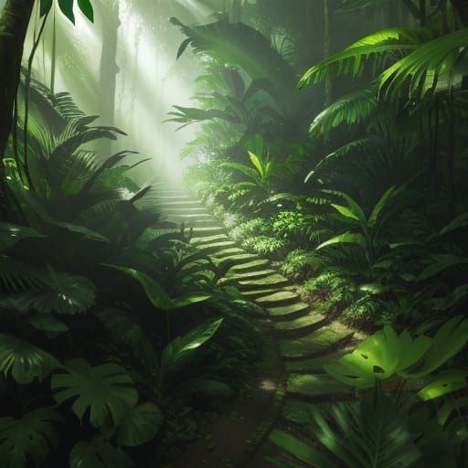 Lush Rainforest Canopy with Dappled Sunlight