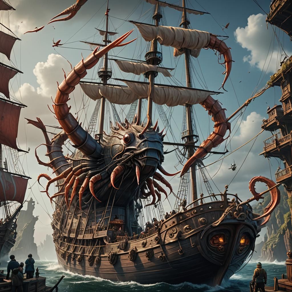 Giant Shrimp Monster Sailing Ship on the Ocean