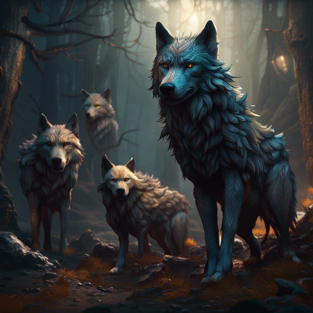 Detailed Wolves Matte Painting in Deep Color
