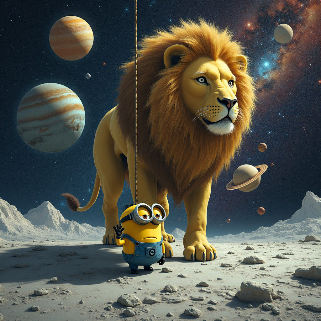 Minion and Lion Lunar Adventure in Cosmic Surrealism