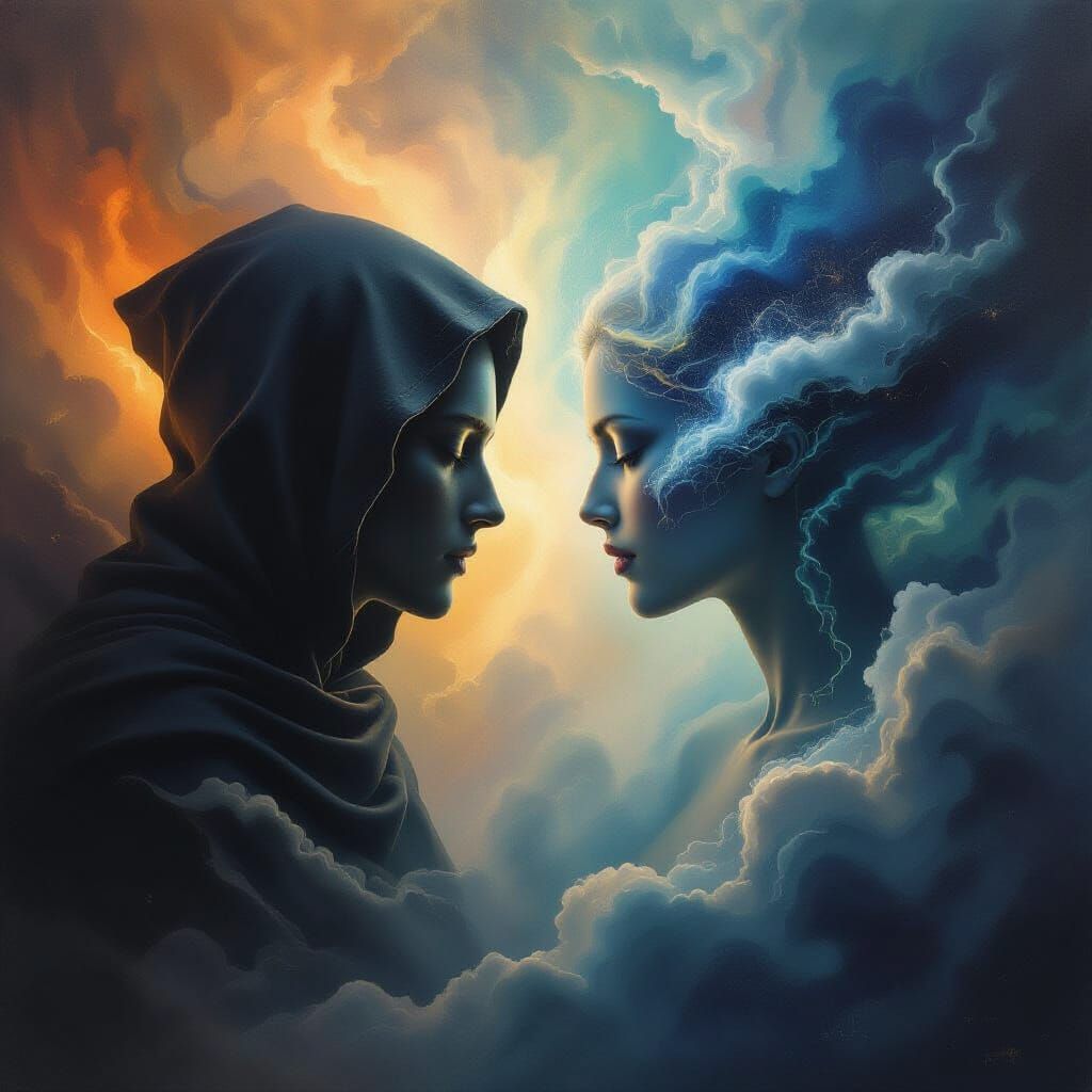 Surreal Duality: Shadow & Light Figures in Cosmic Vortex