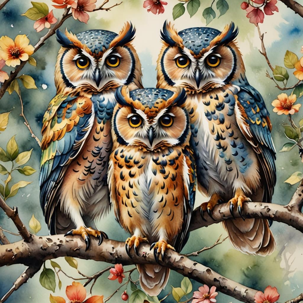 Colorful Fluffy Owls on Branch in Watercolor Style