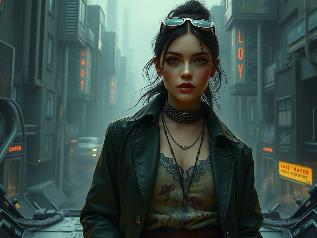 Desolate Woman in Retro-Dystopian Urban Futurescape