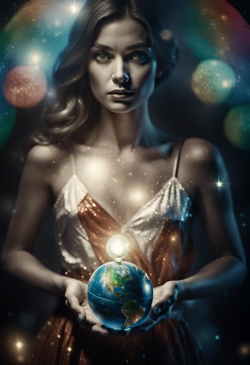 Woman with Globe in Black and White Charcoal Drawing