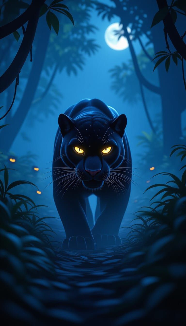 Black Panther Emerges from Jungle Shadows in 3D Cartoon Styl...