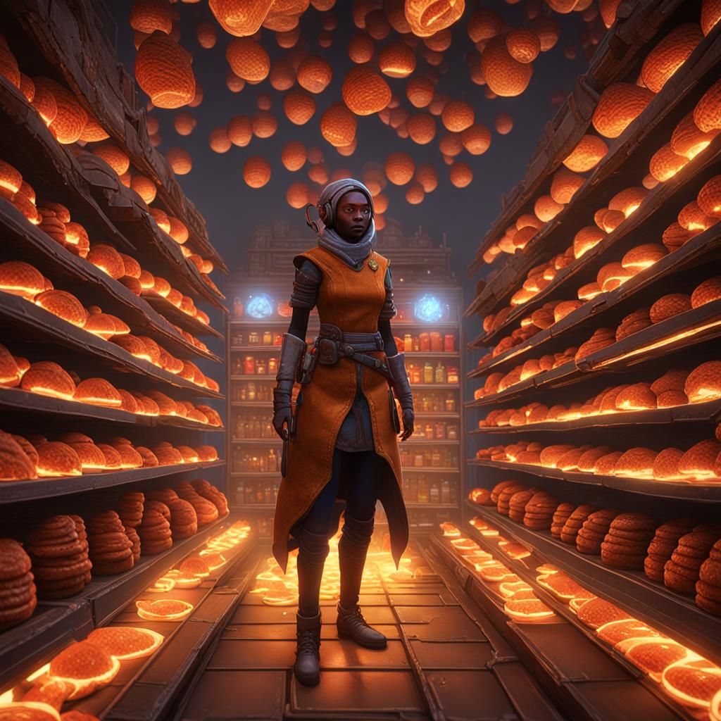 Cybernetic Warrior Seeks Rare Spice in Neon Market