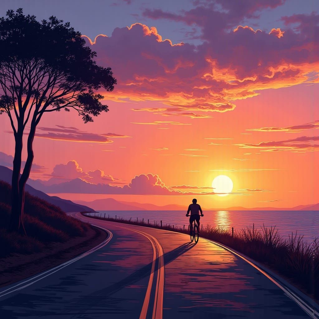 Cyclist at Sunset on Coastal Road