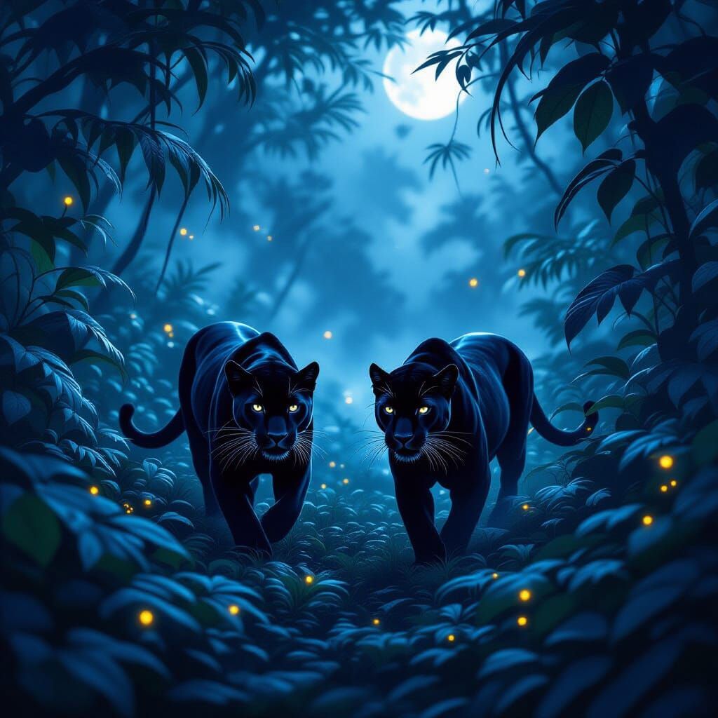 Black Panthers Roam Misty Jungle Night
