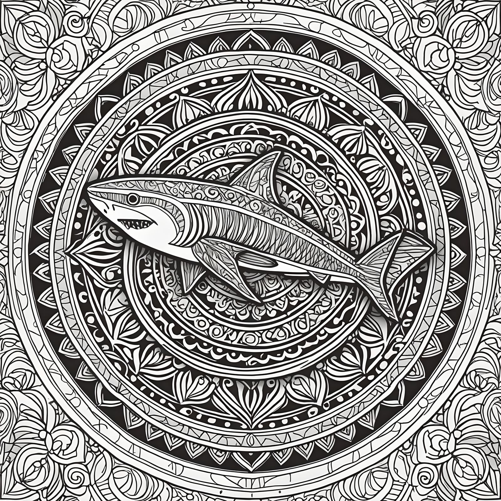 Shark Mandala Coloring Page for Fine Motor Skills