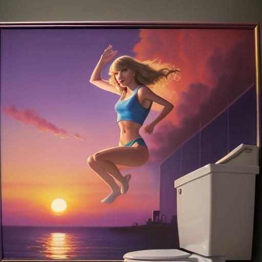 Surreal Sunset: Person Leaping into Toilet, Oil Painting