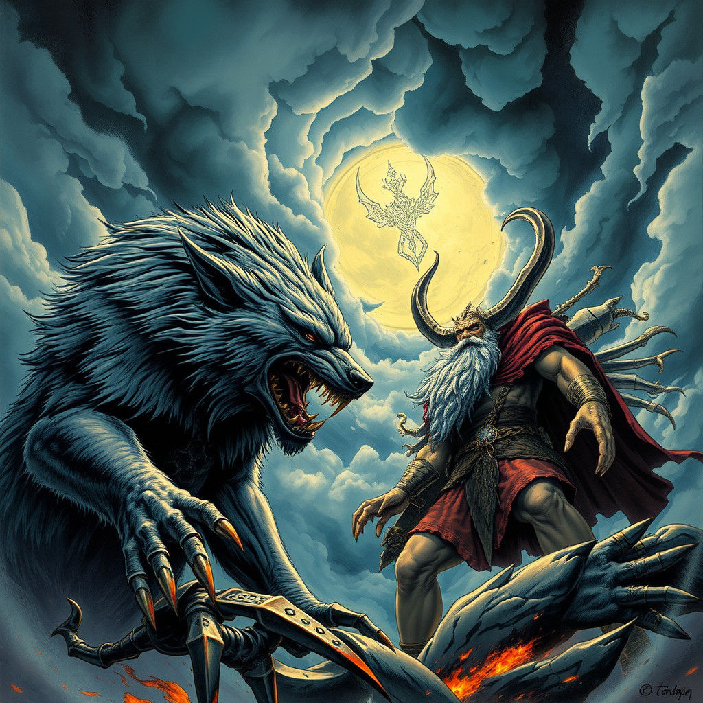 Fenrir Confronts Odin in a Stormy Sky