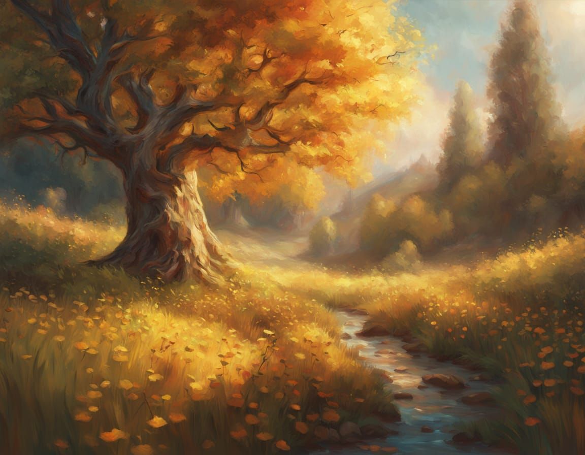 Golden Apple Tree in Impressionist Landscape