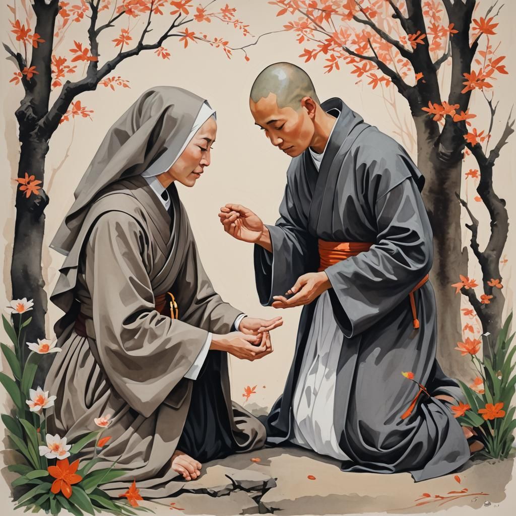 Zen Monk and Nun's Tender Gouache Painting