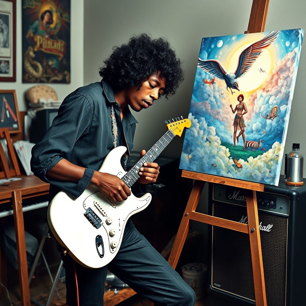 Jimi Hendrix Paints in Studio with Guitar