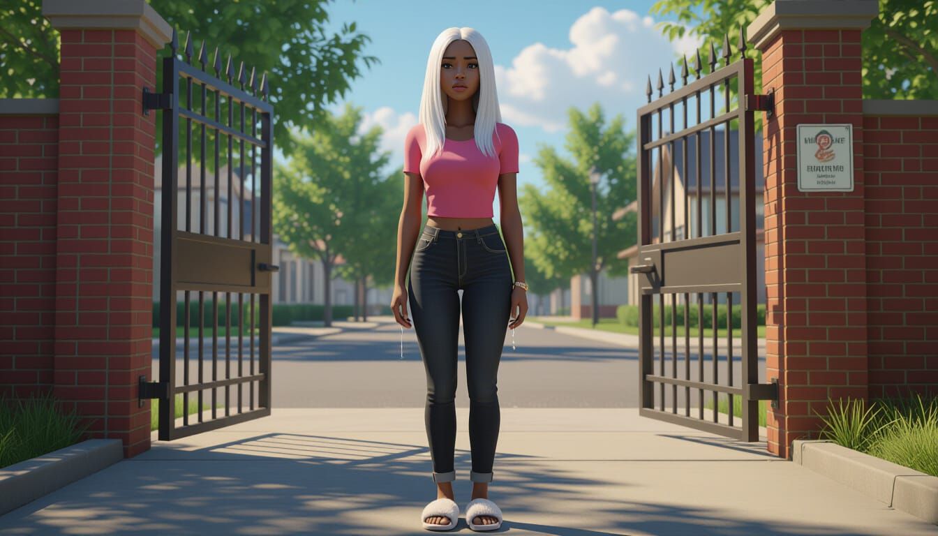 African Woman Crying at School Gate Animated Style