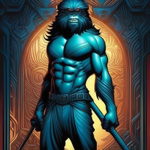 Blue Simian Man in Comic Book Art Style